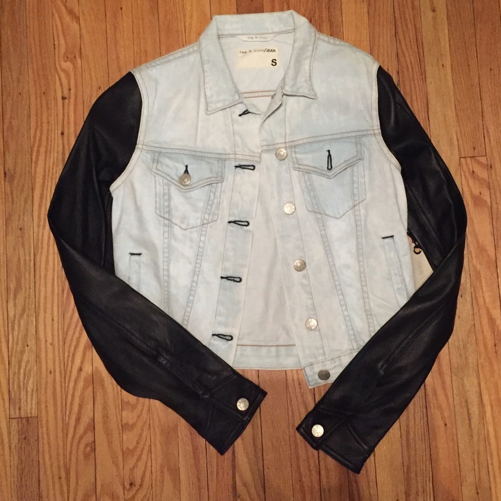 Rag & Bone Jean Jacket Bleach Out Leather Sleeves
